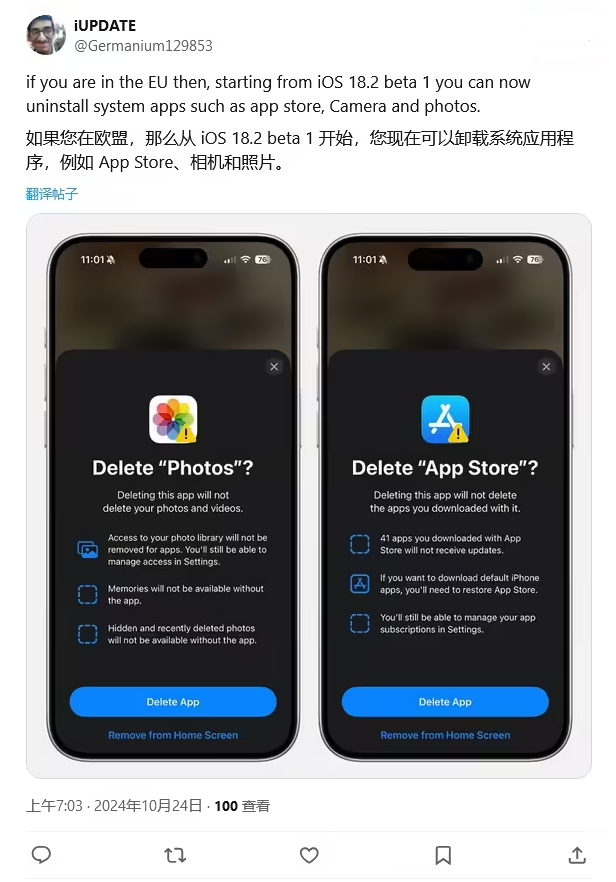 枫木镇苹果手机维修分享iOS 18.2 支持删除 App Store 应用商店 