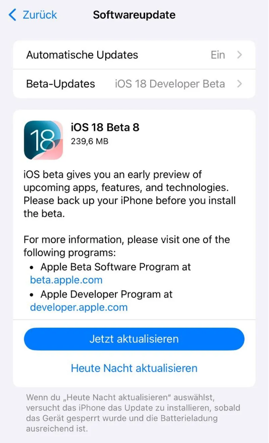 枫木镇苹果手机维修分享苹果 iOS / iPadOS 18 开发者预览版 Beta 8 发布 